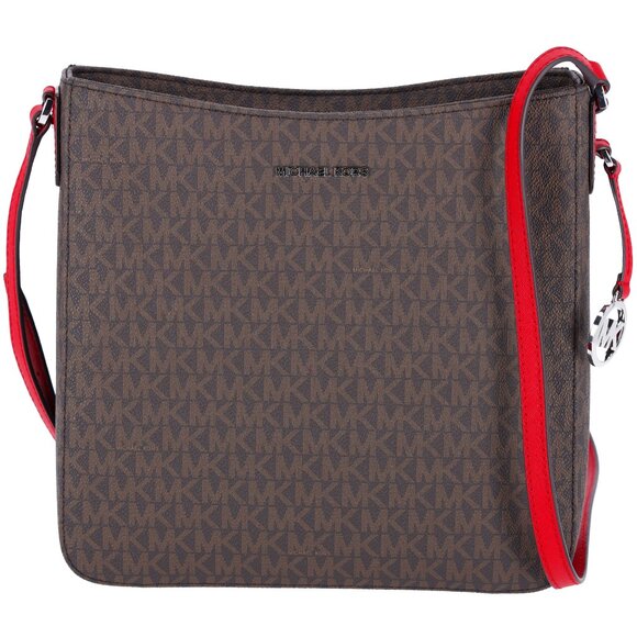 Michael Kors Jet Set Travel Large Messenger Bag Crossbody Brown MK Bright Red - Picture 1 of 11